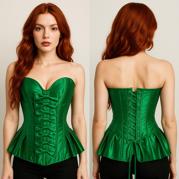 unbranded Tops - Bright Green Satin Peplum Style Bow Accented Strapless Lace Up Corset Top XL